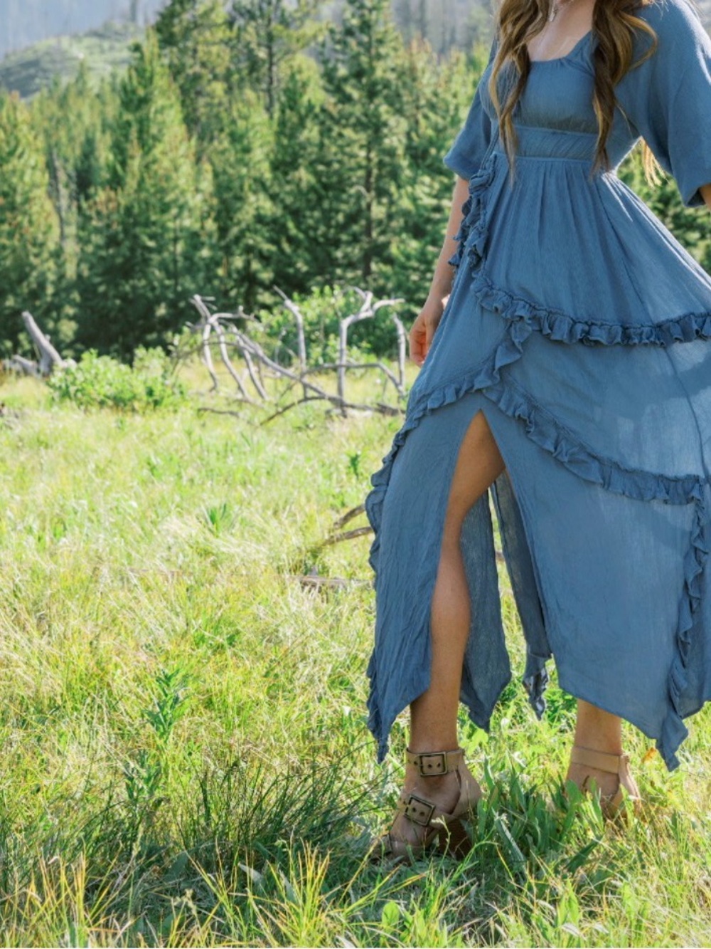 Free people Women's Blue Ruffle High-Slit Maxi Dress